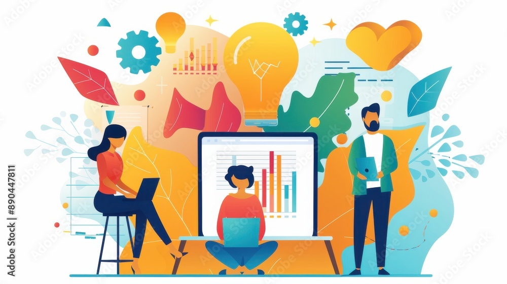 Poster problem-solving workshop, team tackling complex issues, flat design illustration