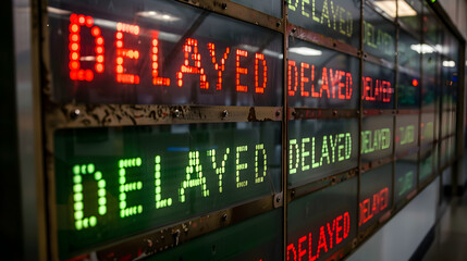 
The Frustration and Uncertainty of Travel Plans Disrupted by Multiple Flight Delays Displayed on an Airport Departure Board with Red Delayed Notifications 