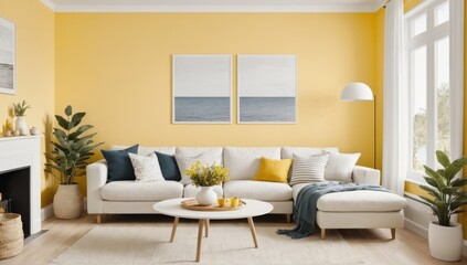 Modern living room interior with sofa and pastel walls
