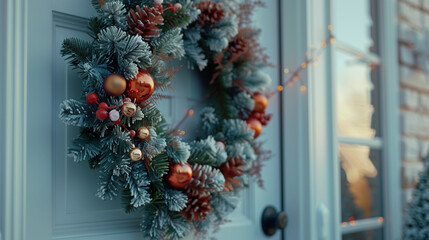 Frosty winter wreath snowy pinecones berries festive holiday decor cozy front door Christmas traditional seasonal entrance natural greenery frosted elegant welcoming outdoor decoration vintage cottage