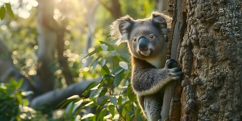 Fototapeta premium Gentle Koala Clinging to Eucalyptus Tree in Lush Forest Habitat
