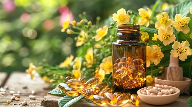A bottle of evening primrose oil capsules, placed beside fresh flowers and skincare products