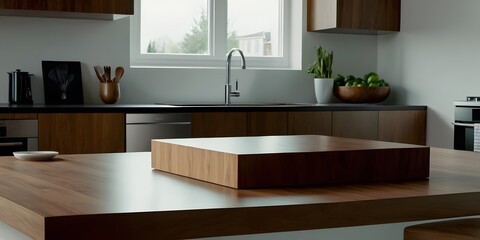 A close-up view of a kitchen table podium in a bright, modern kitchen, showcasing the wooden texture and minimalist design.