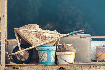 bricklayer dirty tools, copy space on the top of image
