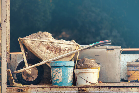 bricklayer dirty tools, copy space on the top of image
