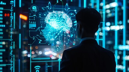 A business person looks at a  digital screen with a computer-generated artificial intelligence interface