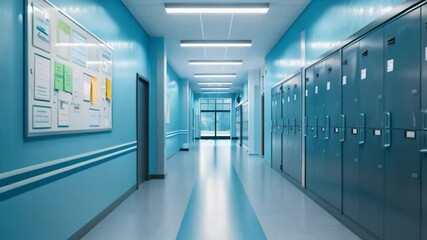 A long, blue hallway in a school building with lockers, a bulletin board, and a window at the end.