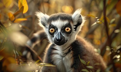 Fototapeta premium Lemur in a Madagascan forest, wide eyes and ringed tail, wild animals in their natural habitat