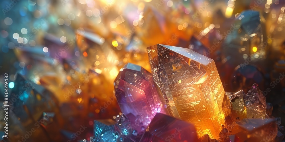 Poster light from a prism fractures reality, creating a kaleidoscope of floating geometric shapes