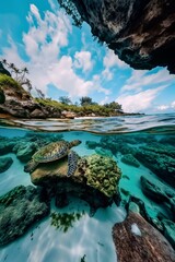 Obraz premium Stunning Underwater Photograph of Sea Turtle Swimming Over Coral Reef Near Tropical Island