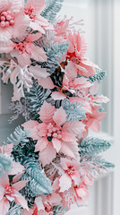 Soft pastel pink poinsettia Christmas wreath winter door decor frosted foliage delicate modern holiday festive floral decoration elegant winter home decor Christmas season beautiful feminine