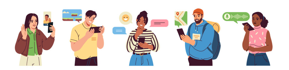 Set of people using smartphones. Happy characters phone users chatting online, video calling with friends, recording voice message and playing games. Flat vector illustration isolated on background