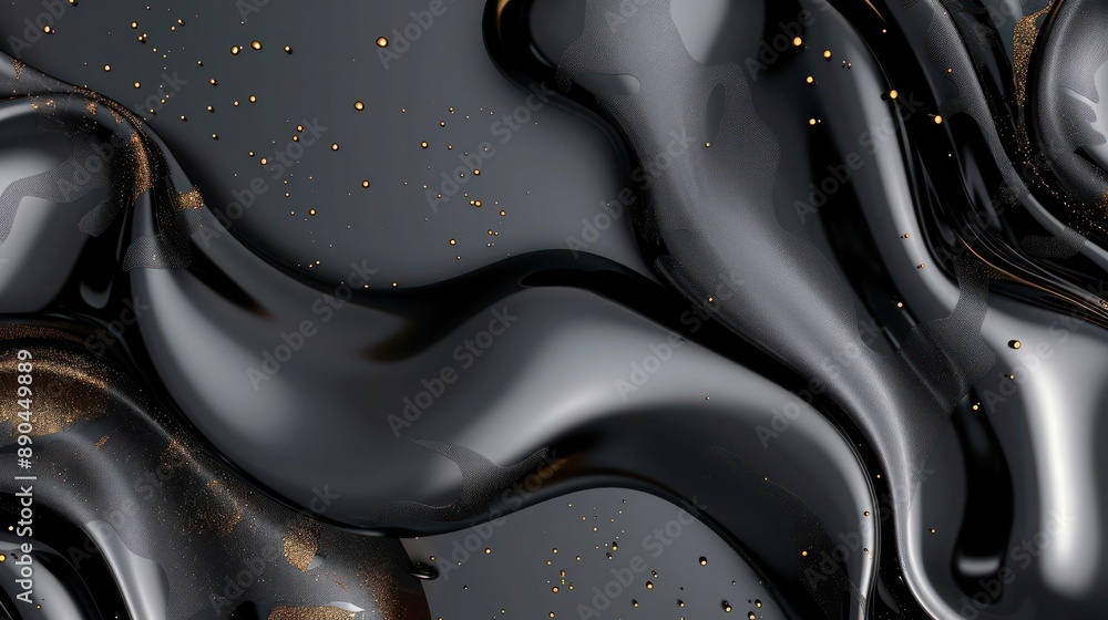 Poster abstract background featuring flowing metallic blobs in deep black and grey, interspersed with shimm