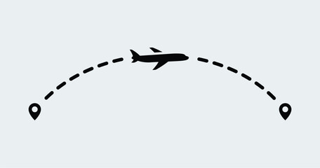 Airplane line path. Flight destination point infographic. Tourism, plane route, map, travel direction sign