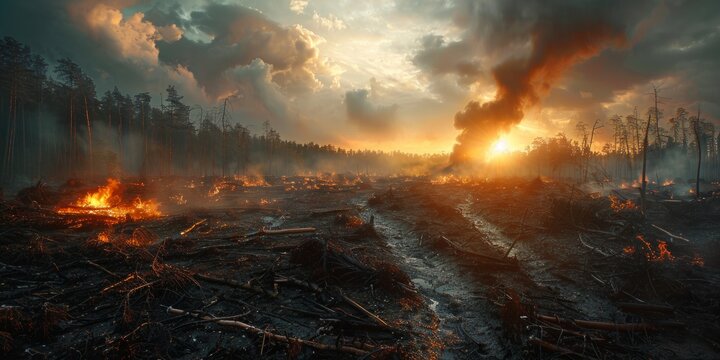 Massive deforestation causing habitat loss and climate change, illustrating the environmental impact of human activity