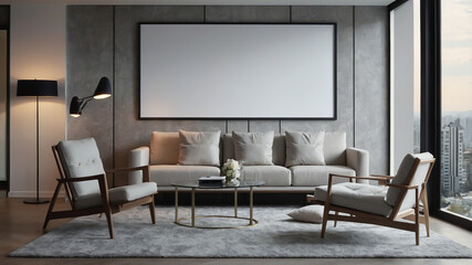 Empty white signboard in white modern living room, Ready to use, Template, Mock up poster in living room.