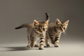 Obraz premium Two adorable tabby kittens curiously exploring their surroundings on a neutral background.