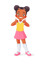 Little African American girl showing thumbs up. Cartoon vector illustration.