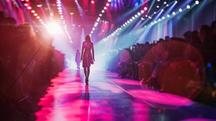 A woman walks down a runway in a dress with a spotlight on her