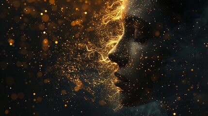 A human face emerges from a dark void, illuminated by a shimmering halo of golden particles.