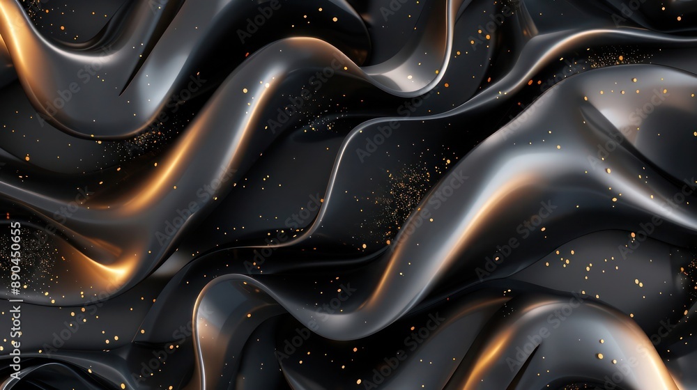 Fototapete abstract background featuring flowing metallic blobs in deep black and grey, interspersed with shimm