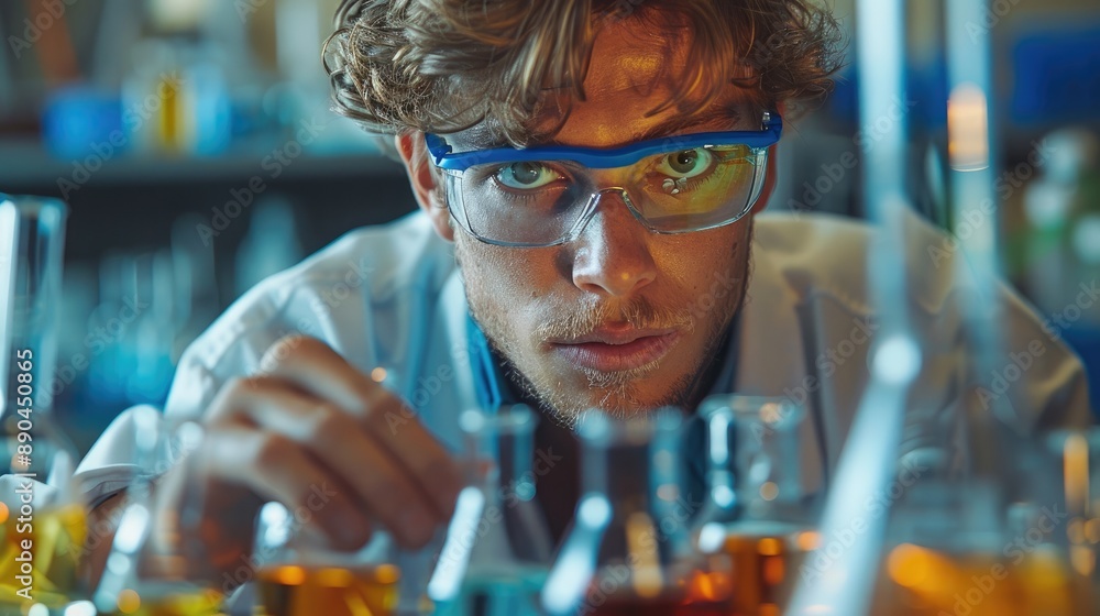 Poster focused male chemistry student mixing colorful reagents in a lab, his experiments creating a kaleido