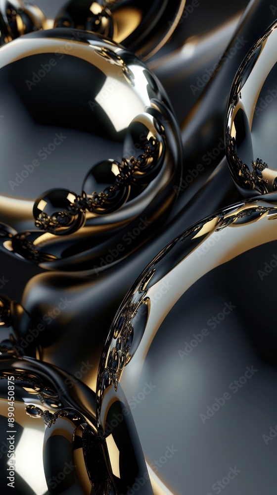 Poster a metaballs and blobs abstract background with a sleek black and gold combination, featuring elegant