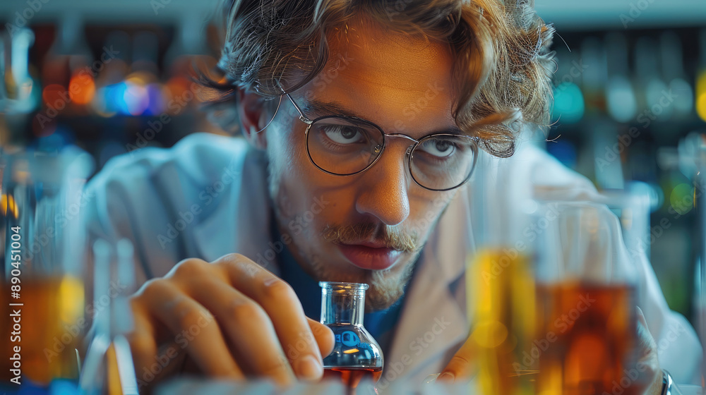Poster focused male chemistry student mixing colorful reagents in a lab, his experiments creating a kaleido