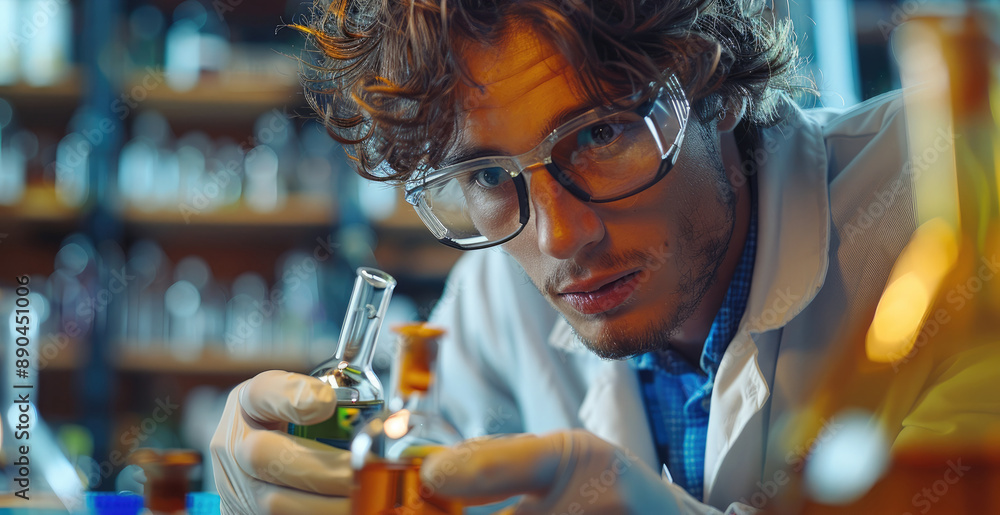 Poster focused male chemistry student mixing colorful reagents in a lab, his experiments creating a kaleido