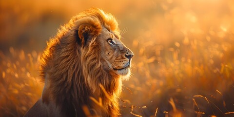 Majestic Lion Gazing Across Golden Savanna Backdrop in Wildlife Portrait