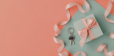 Pastel gift box with keys and elegant ribbon on coral background
