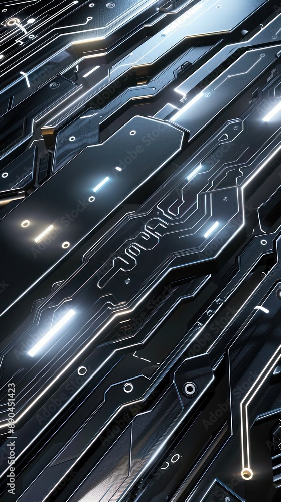 Poster a techno and futuristic abstract background with a metallic silver and black color scheme, incorpora