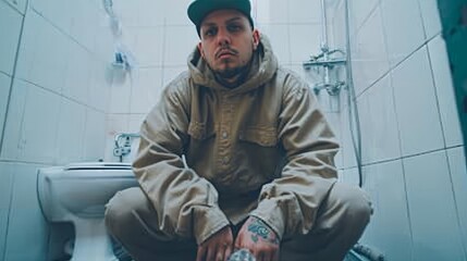 Skilled plumber in professional attire fixing white pipes under the bathroom sink