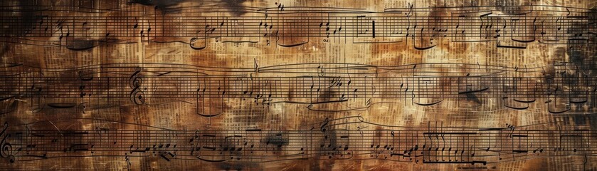 Obraz premium Antique music sheets, detailed closeup of notes, vintage design, realistic studio background, high detail
