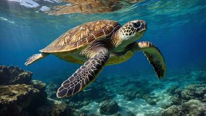 Majestic green sea turtle in tropical reef, Hawaii, split water surface picture