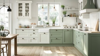 Modern Kitchen Interior Design with White and Green Cabinets