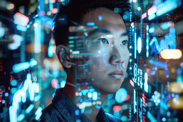 Young Professional Immersed in a Holographic Digital Interface at Night 