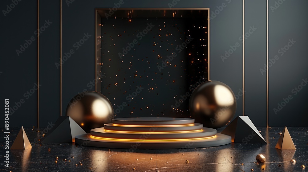 Poster Black podium with golden geometric shapes on dark background for product presentation, AI concept in the style of ship, black and gold color palette. Generative AI.