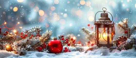A Snowy Winter Scene With a Lantern and Christmas Ornament