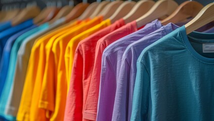 Fototapeta premium Colorful T-Shirts Hanging on Wooden Hangers in a Retail Store
