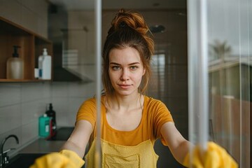 A young woman with a messy bun, wearing a yellow shirt, intensely cleans a glass surface with yellow gloves in a modern kitchen, exhibiting determination.