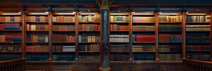 Fototapeta premium The background is large wooden bookshelves full of books on wall in the library. Knowledge archives