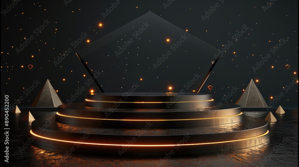 Poster black podium with golden geometric shapes on dark background for product presentation, ai concept in