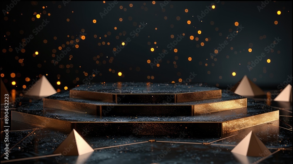 Poster Black podium with golden geometric shapes on dark background for product presentation, AI concept in the style of ship, black and gold color palette. Generative AI.