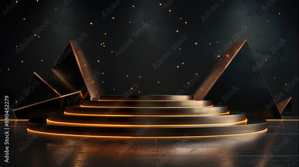 Poster black podium with golden geometric shapes on dark background for product presentation, ai concept in