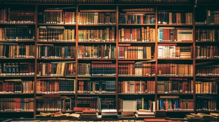 The background is large wooden bookshelves full of books on wall in the library. Knowledge archives