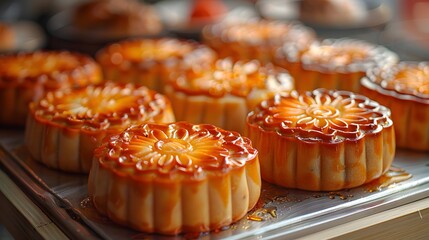 Traditional Chinese Mooncakes with Elegant Tea Set on Wooden Tray - Perfect for Celebrating Mid-Autumn Festival and Chinese Cultural Heritage
