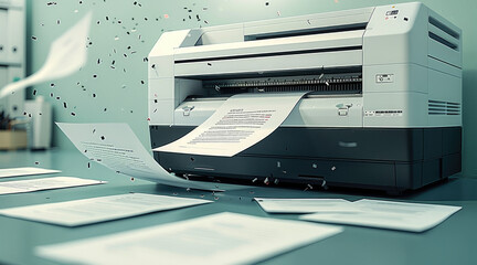 A printer is printing out several sheets of paper with an A4 size printout on them. The printed papers have all types of information written in black ink and some are flying around. Generative AI.