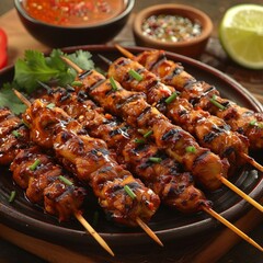 Grilled chicken satay skewers with peanut sauce served on a plate, garnished with cilantro and lime, represents traditional Thai cuisine.