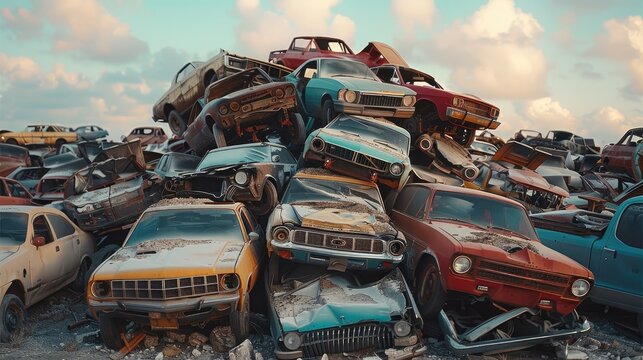 Pile of scrap waste of cars for recycling. Generative AI. - Powered by Adobe